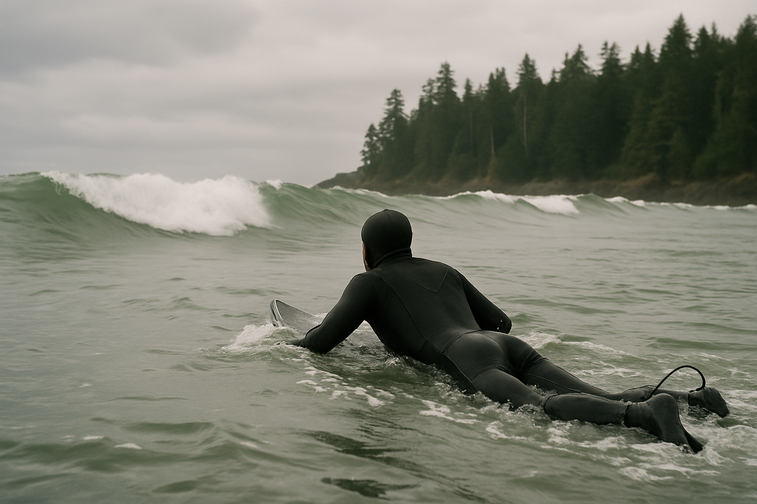 Surfers assessing conditions from shore in cold-water gear