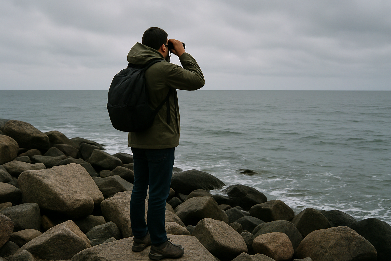 Shore-based whale watchers keeping respectful distance, long lens visible