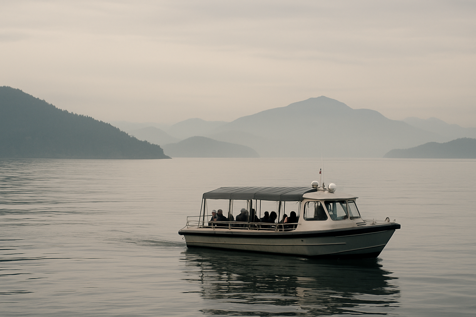 Vessel departing harbour, early light, no branding visible