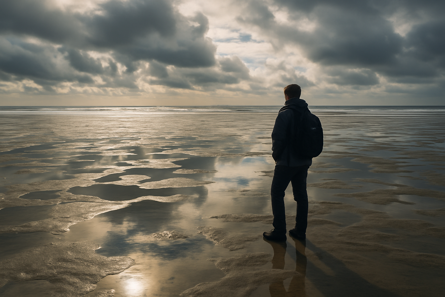 Intertidal shelf at low tide, one person for scale, mid-distance