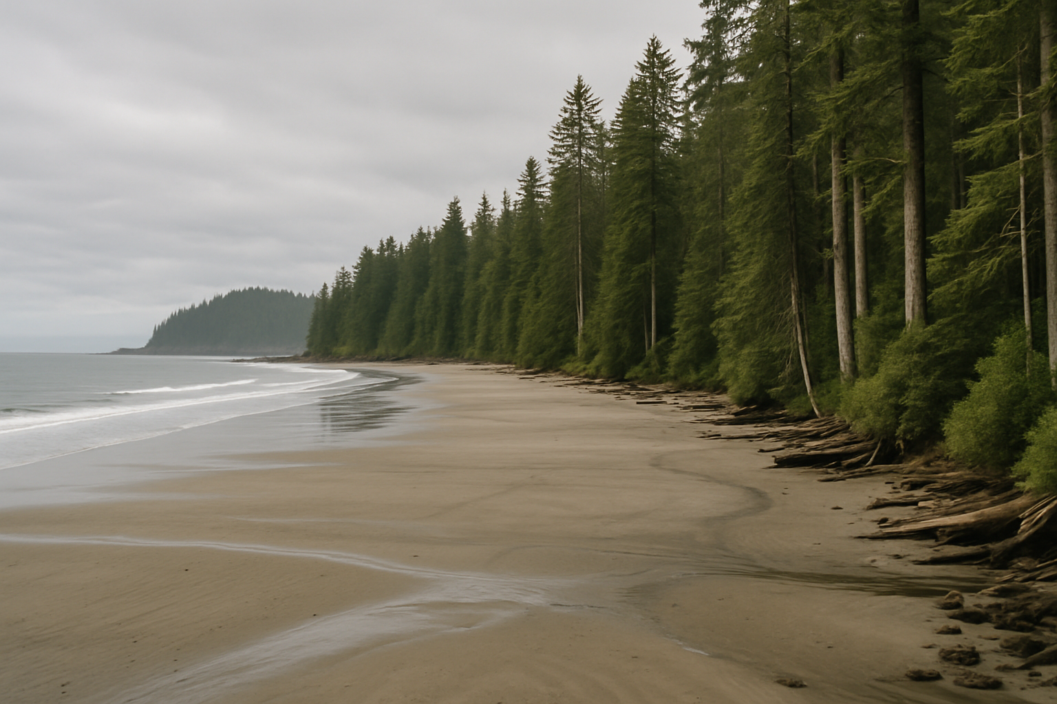 Headland-level view, Long Beach, low tide, overcast light, no visible faces