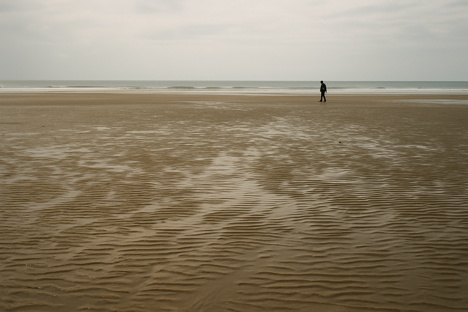 Same Long Beach view near low tide, wide sand visible