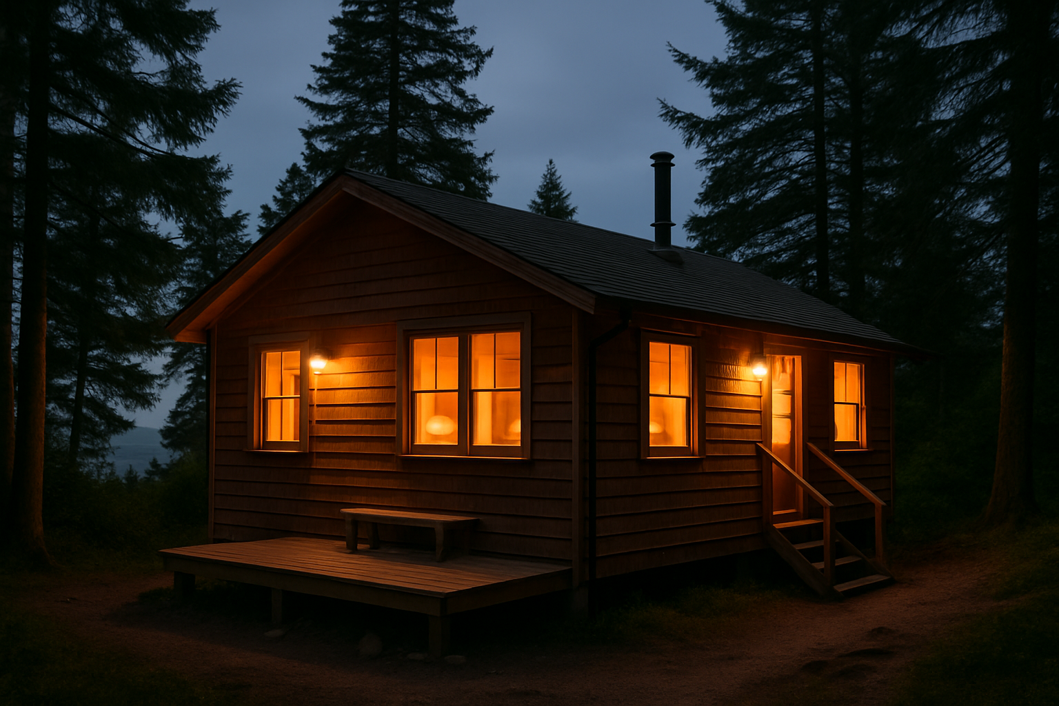 Lodging exterior, dusk light, forest context, no brand signage