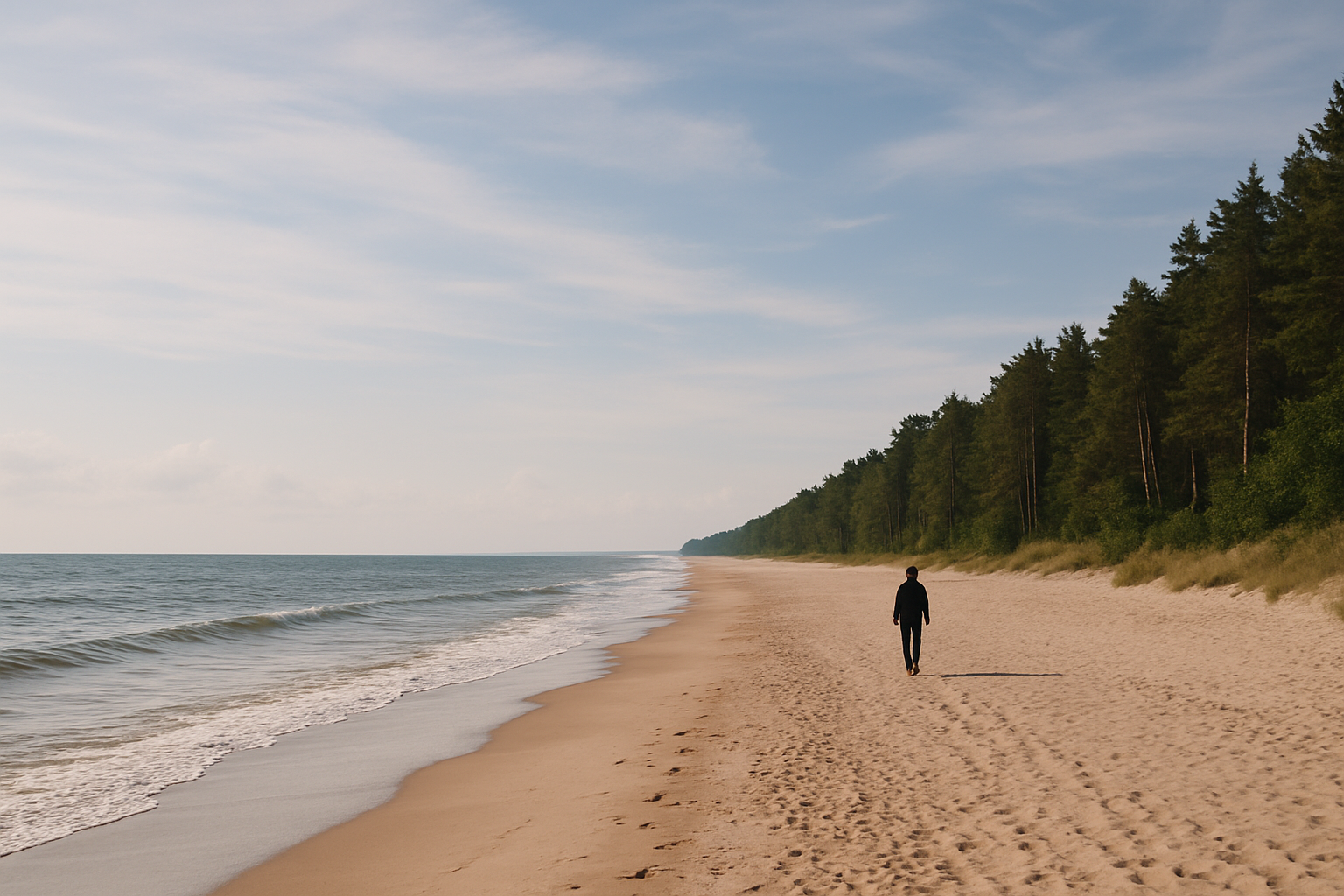 Beach walk in progress, single figure for scale, natural light