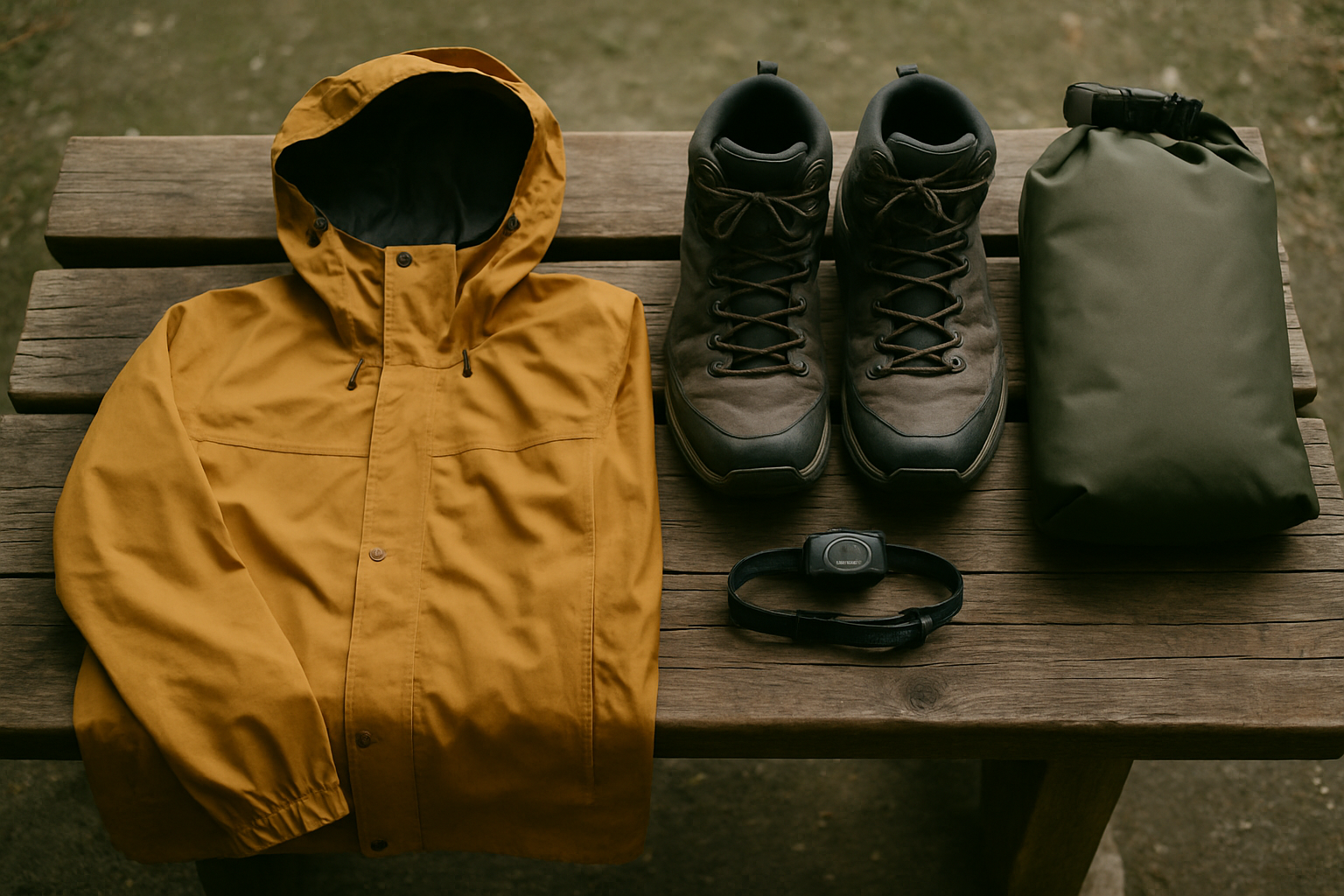 Rain layers, boots, and dry bag on a timber bench