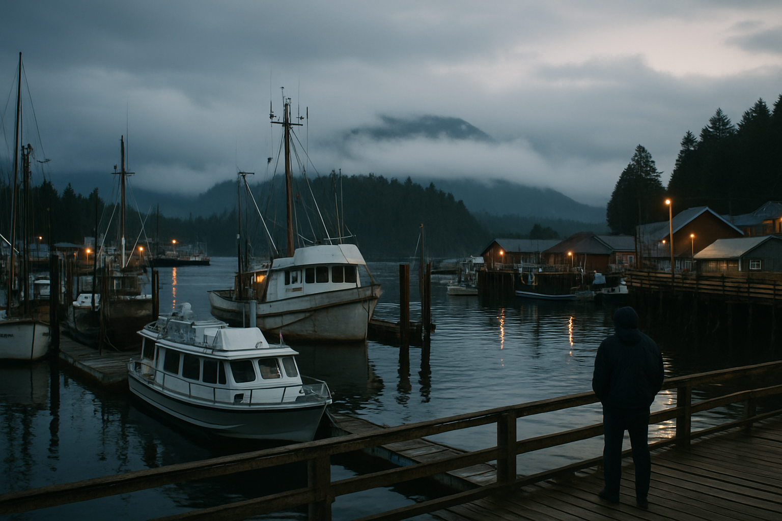 Tofino harbour at low cloud, islands of Clayoquot Sound beyond