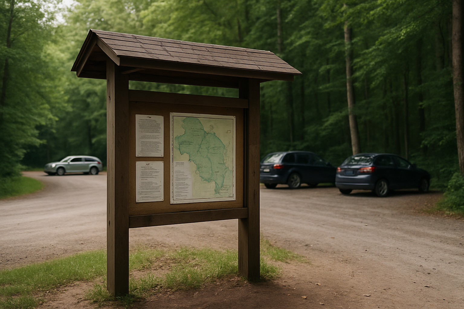 Trailhead notice board with current closures posted, muddy trail beyond
