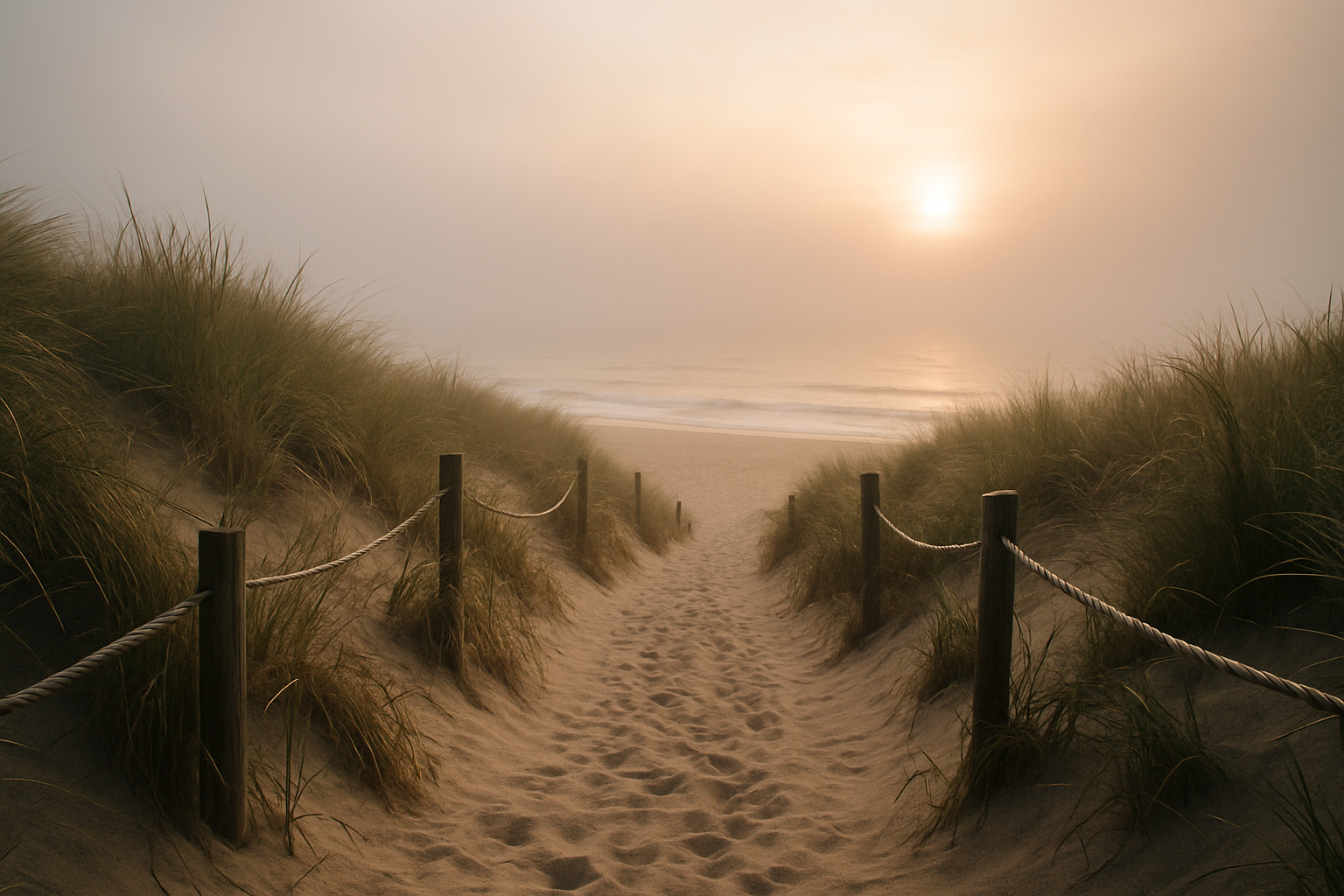 Morning fog lifting over a summer beach access path