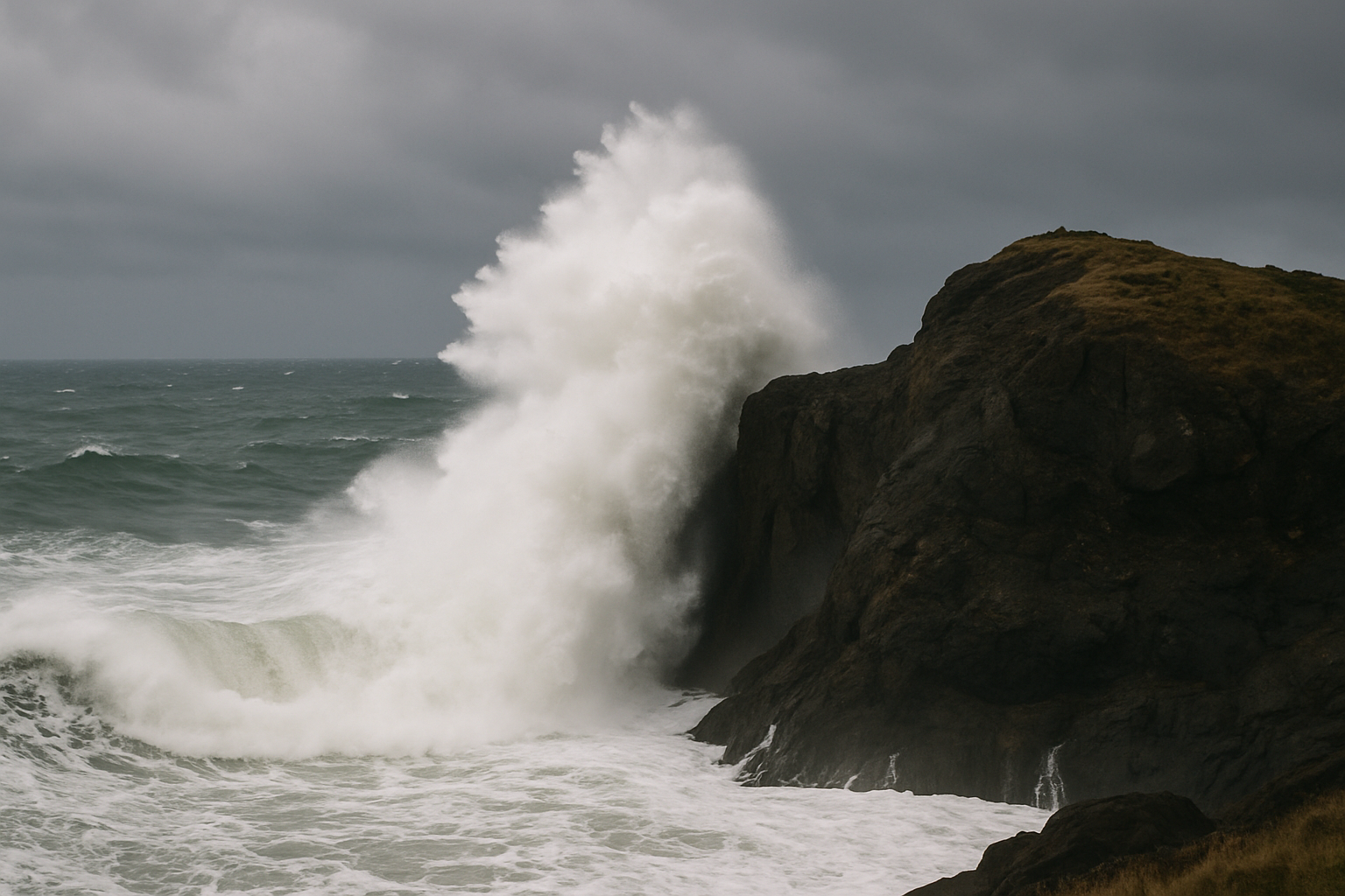 Winter storm swell viewed from a covered, elevated viewpoint