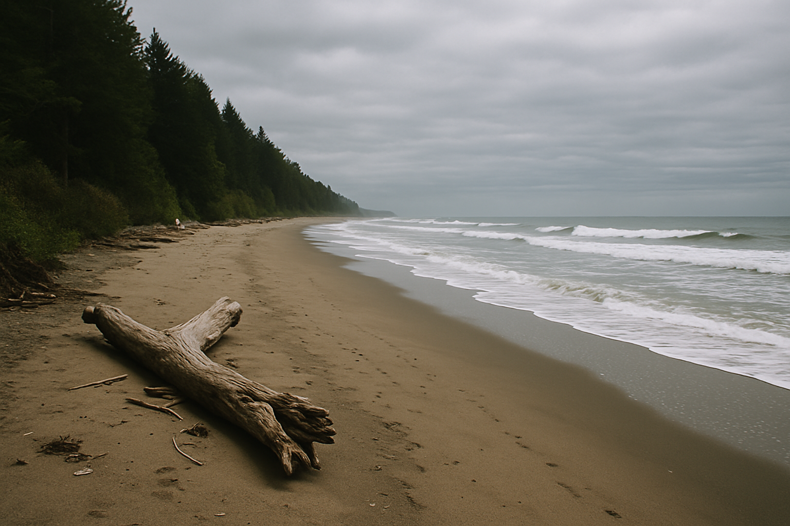 Long Beach shoreline, surf lines breaking, forest edge in distance