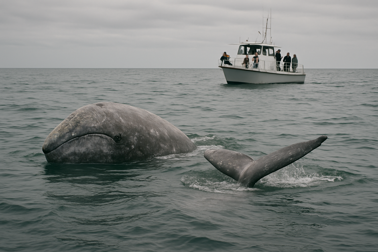Gray whale surfacing, licensed vessel at respectful distance, open water